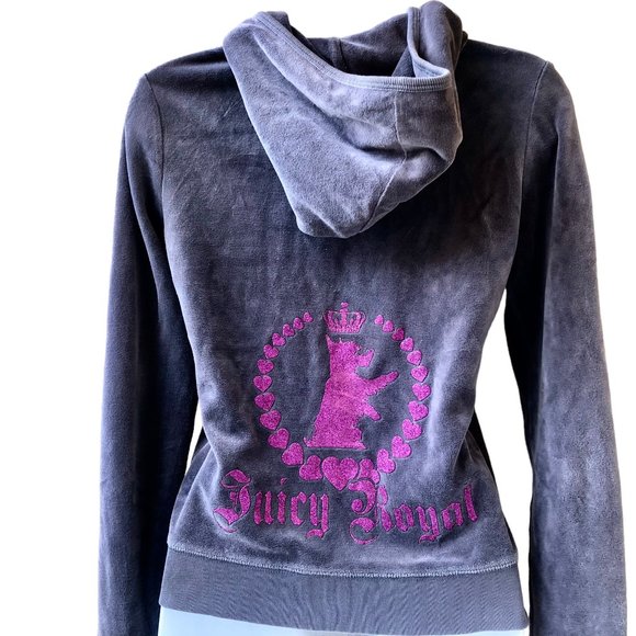 Juicy Couture Velour Zip Gray Hoodie Jacket Y2K Logo Royal Scotty Dog - Picture 9 of 13